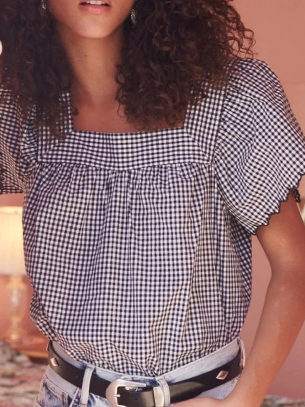 RAILS HARLEY‎ MINI GINGHAM SQAURE NECK SCALLOPED EDGE FLUTTER SLEEVE TOP PREPPY